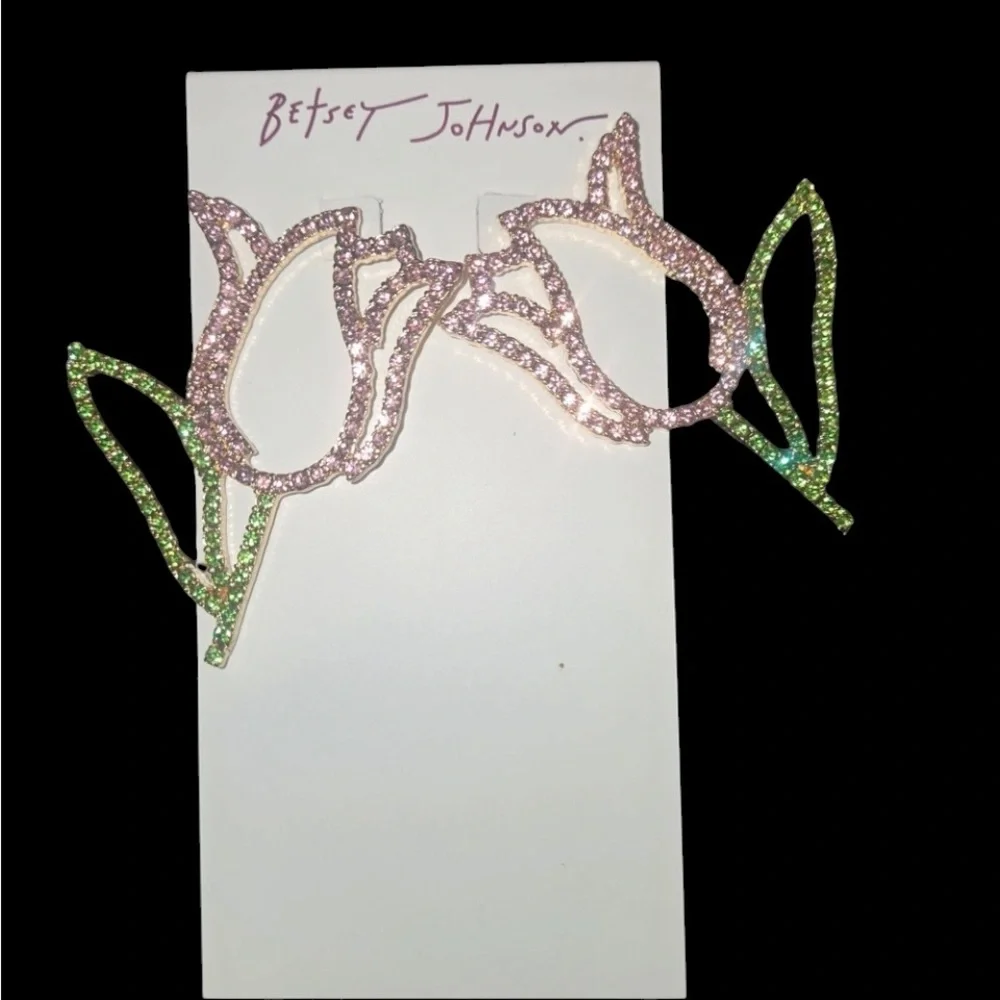 BETSEY JOHNSON Easter Spring Pink & Green Crystal-Studded Tulip Earrings NEW NWT - Picture 6 of 7